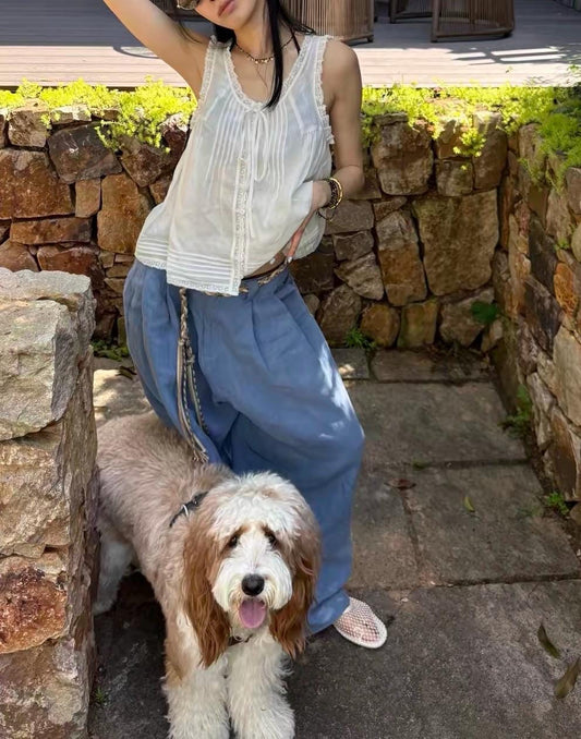 Casual cotton pintuck eyelet romantic top . Whimsical cottage core top. Bohemian cotton vest . Praire wind lace top. Embroidered top