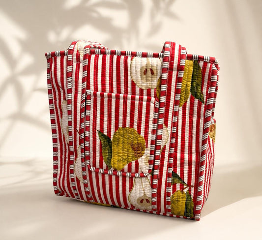 Hand Block Print Cotton Quilt Tote Bag. Soft Red Stripes Zipper Tote Bag. Travel tote bag. Tote bags with pockets. Fruits print tote bag.