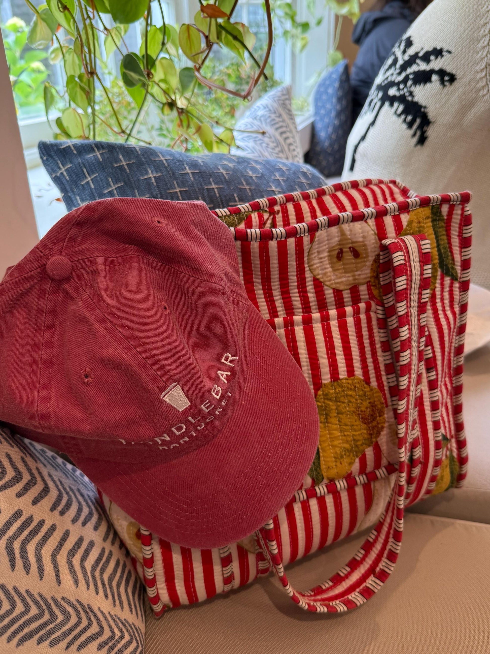 Hand Block Print Cotton Quilt Tote Bag. Soft Red Stripes Zipper Tote Bag. Travel tote bag. Tote bags with pockets. Fruits print tote bag.