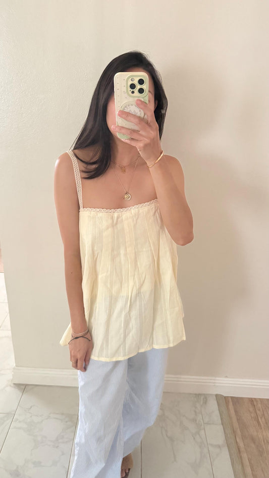 Cotton butter yellow lace tank top. Whimsical Praire style Top. Cottage core eyelet tank top. Bohemian Victorian Top. French Style Inspire