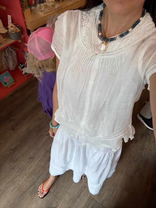 Casual cotton white lace eyelet embroidered romantic top . Whimsical cotton top. French Vintage Inspired Top. Praire style top