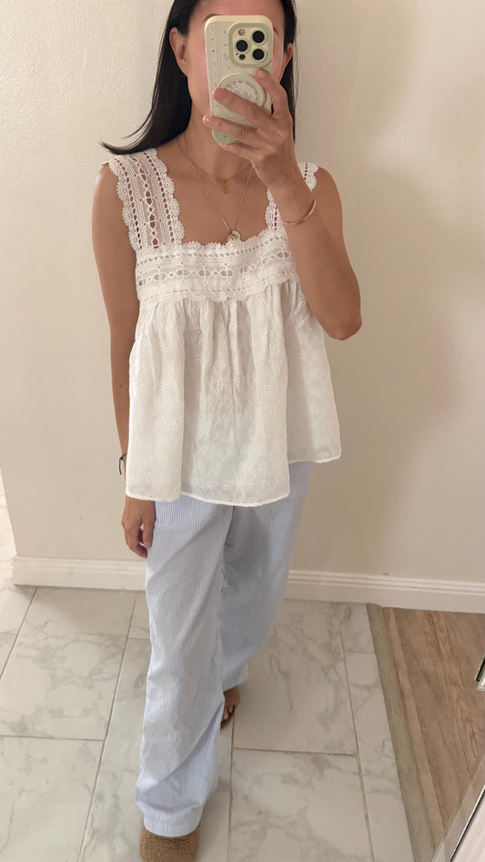 Classic white cotton lace tank top. Whimsical Praire style Top. Cottage core eyelet tank top. Bohemian Victorian Top.