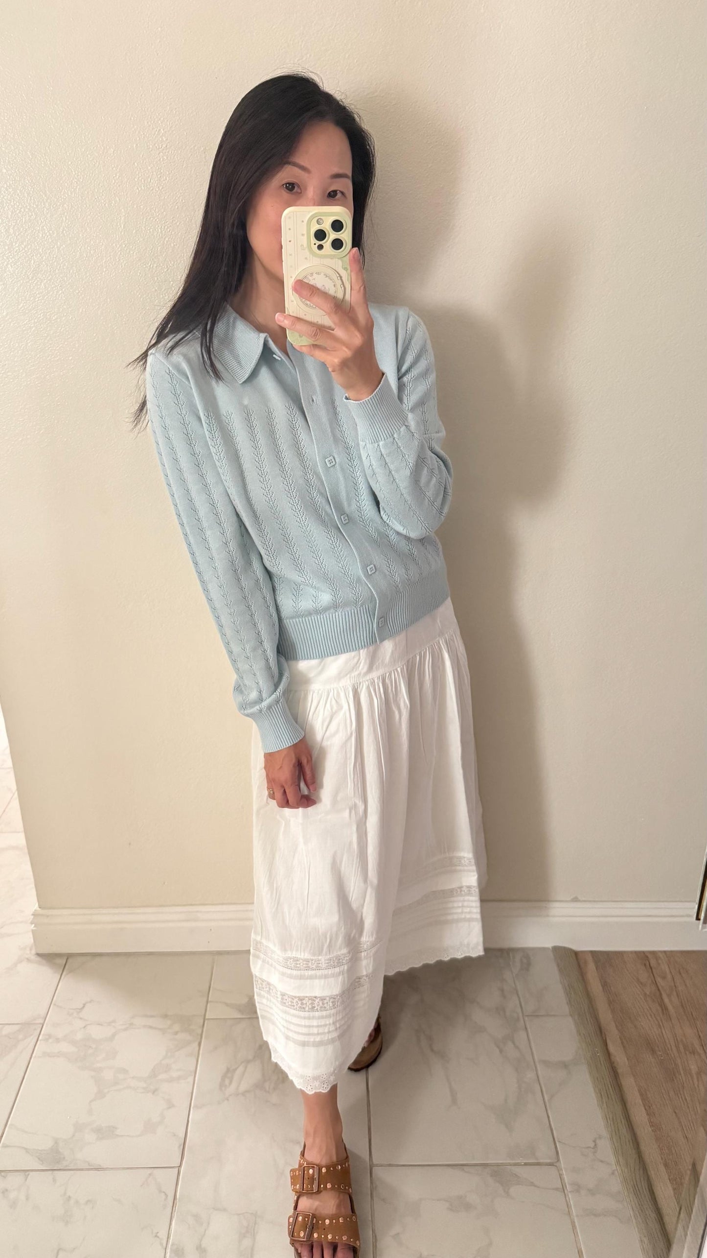 Knit Blue Polo Sweater. French Vintage Inspired Polo sweater. Floral boho sweater. Victorian boho sweater. Cottagecore style sweater