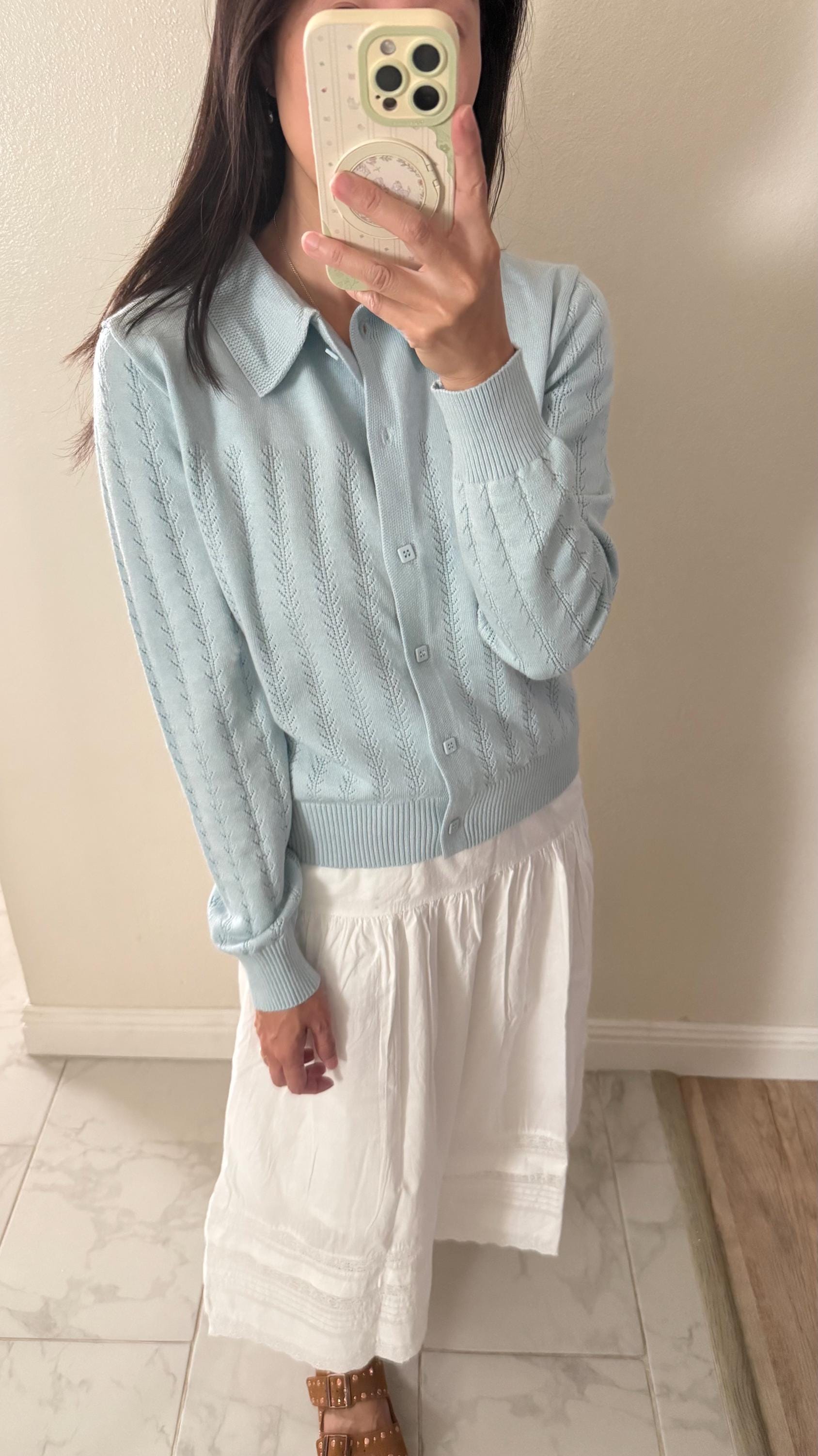 Knit Blue Polo Sweater. French Vintage Inspired Polo sweater. Floral boho sweater. Victorian boho sweater. Cottagecore style sweater