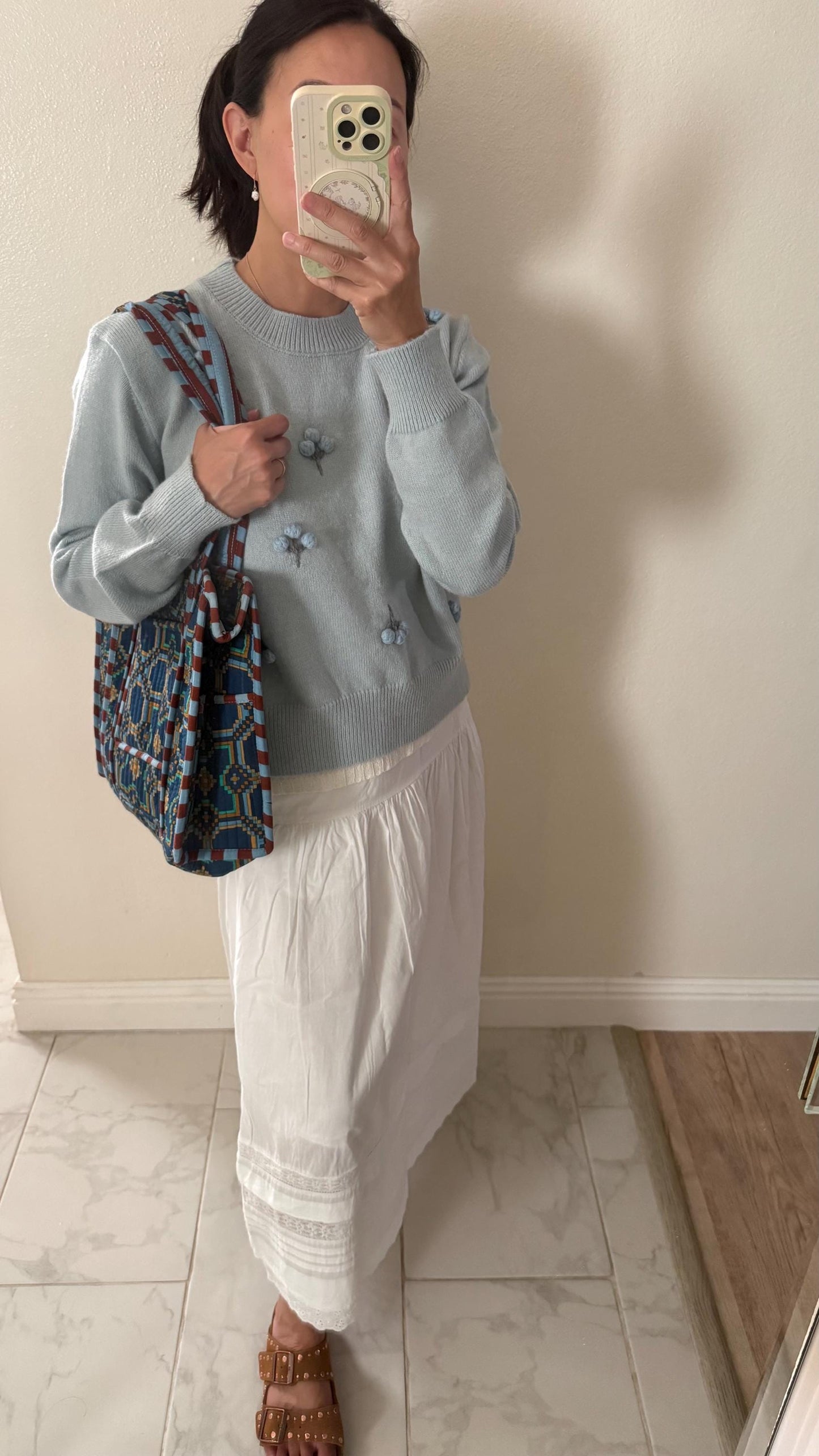 Knit Blue Cotton Sweater. French Vintage Inspired sweater. Floral boho sweater. Victorian boho sweater. Cottagecore style sweater