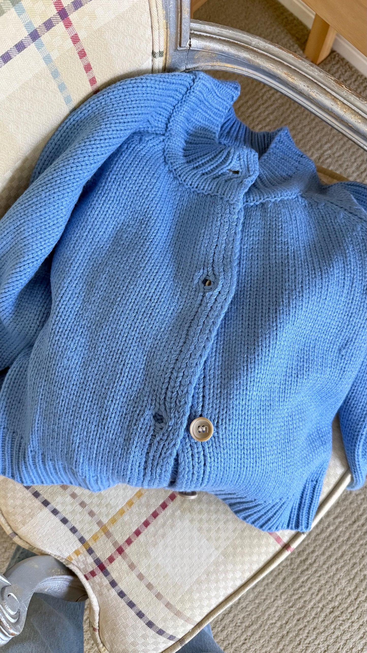 Knit Blue Cardigan Top Sweater. French Vintage Inspired cotton sweater. Floral boho sweater. Victorian boho sweater. Nantucket Maine style