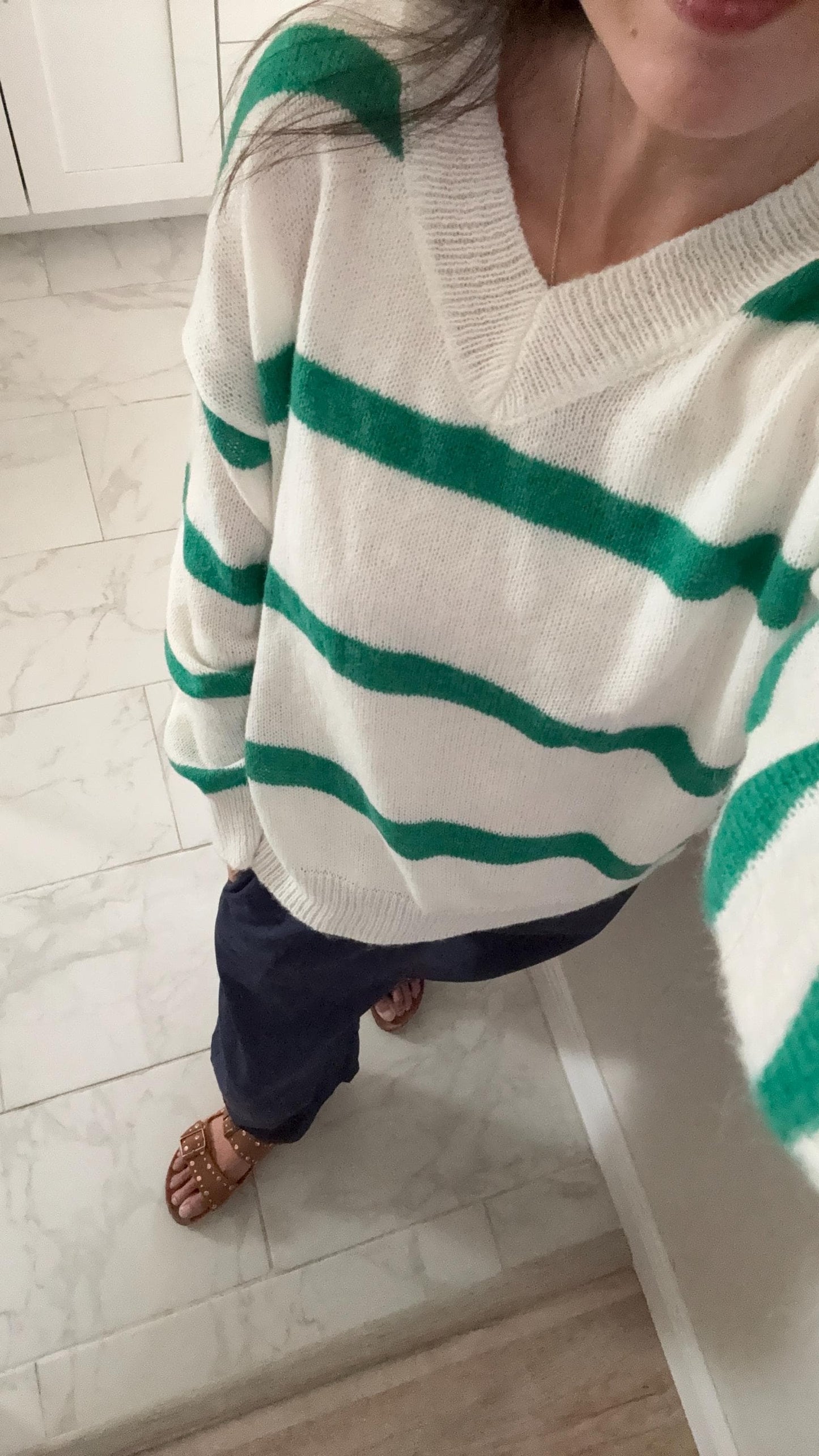 Green Stripes V Neck Sweater. French Vintage Inspired cotton sweater. Classic sweater. Victorian boho sweater. Nantucket Maine style