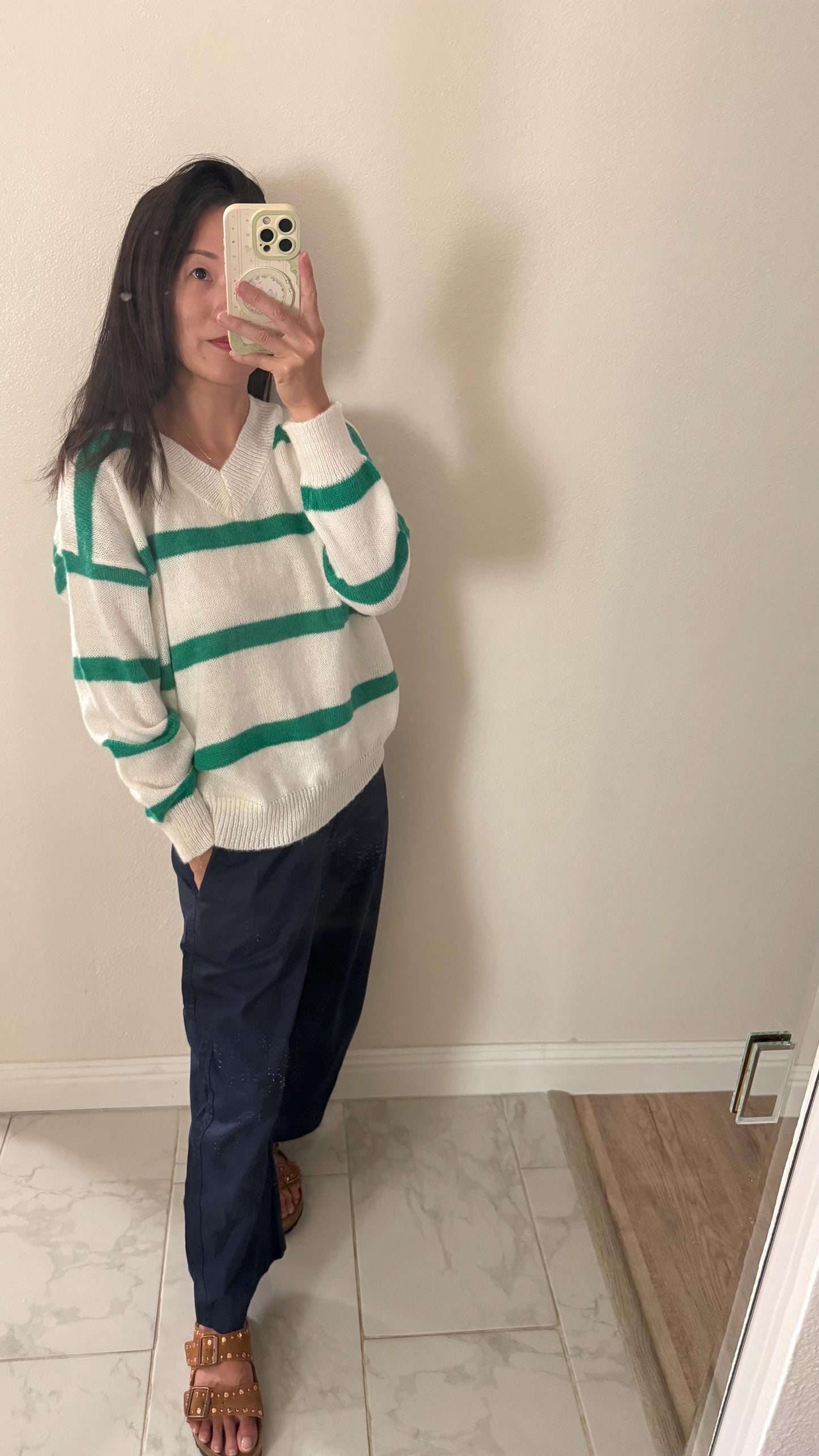 Green Stripes V Neck Sweater. French Vintage Inspired cotton sweater. Classic sweater. Victorian boho sweater. Nantucket Maine style
