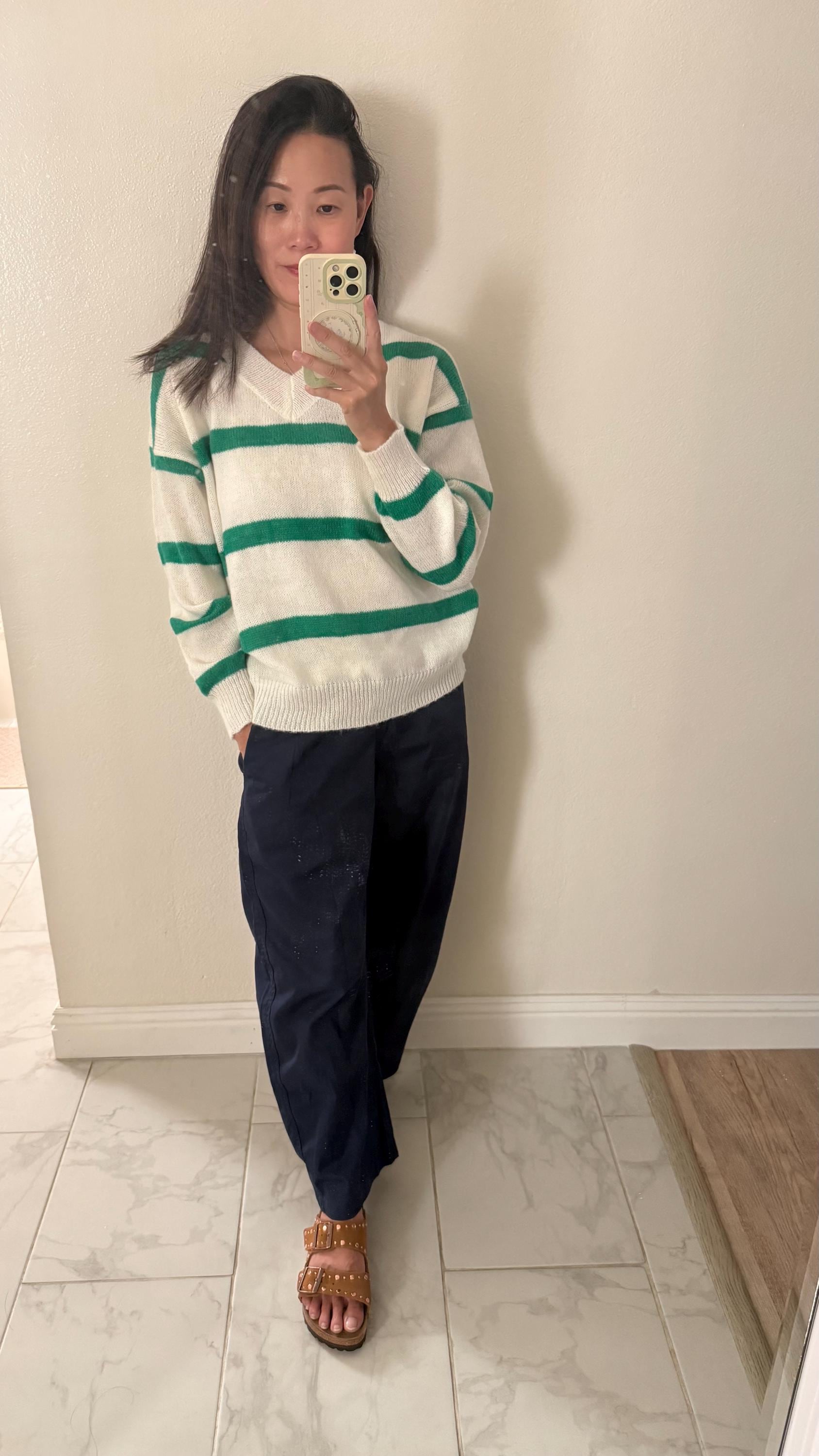 Green Stripes V Neck Sweater. French Vintage Inspired cotton sweater. Classic sweater. Victorian boho sweater. Nantucket Maine style