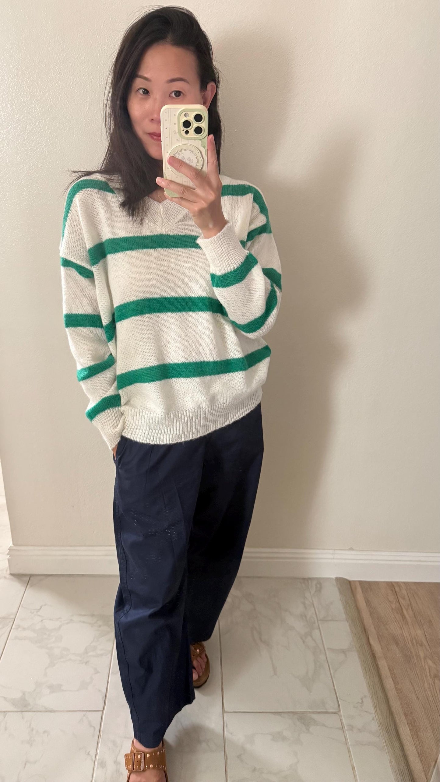 Green Stripes V Neck Sweater. French Vintage Inspired cotton sweater. Classic sweater. Victorian boho sweater. Nantucket Maine style