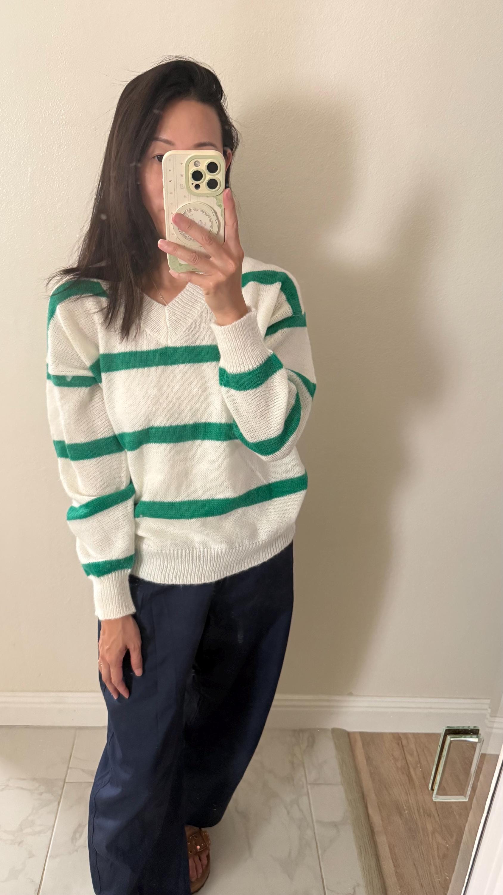 Green Stripes V Neck Sweater. French Vintage Inspired cotton sweater. Classic sweater. Victorian boho sweater. Nantucket Maine style