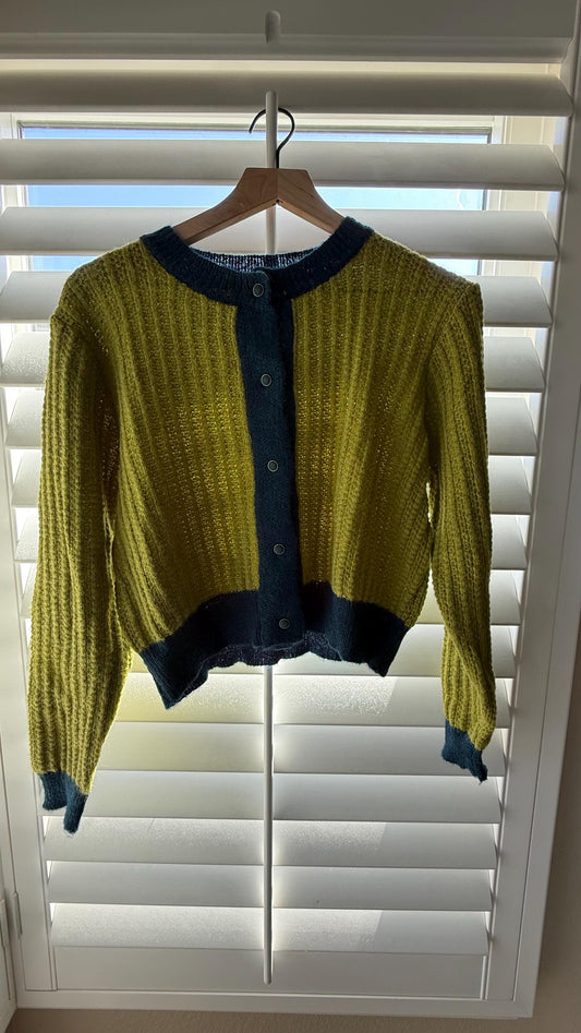 Knit Chartreuse Sweater. French Vintage Inspired cotton sweater cardigan. Boho sweater. Victorian boho sweater. Nantucket Maine style