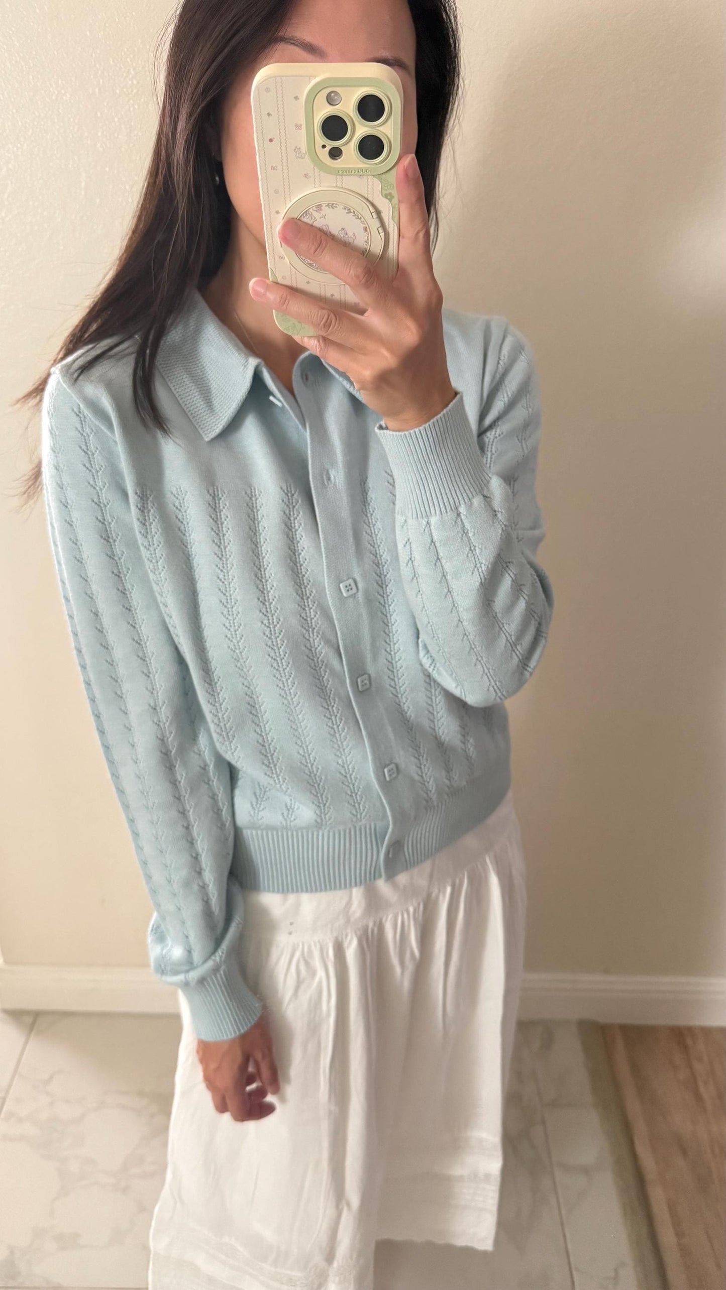 Knit Blue Polo Sweater. French Vintage Inspired Polo sweater. Floral boho sweater. Victorian boho sweater. Cottagecore style sweater