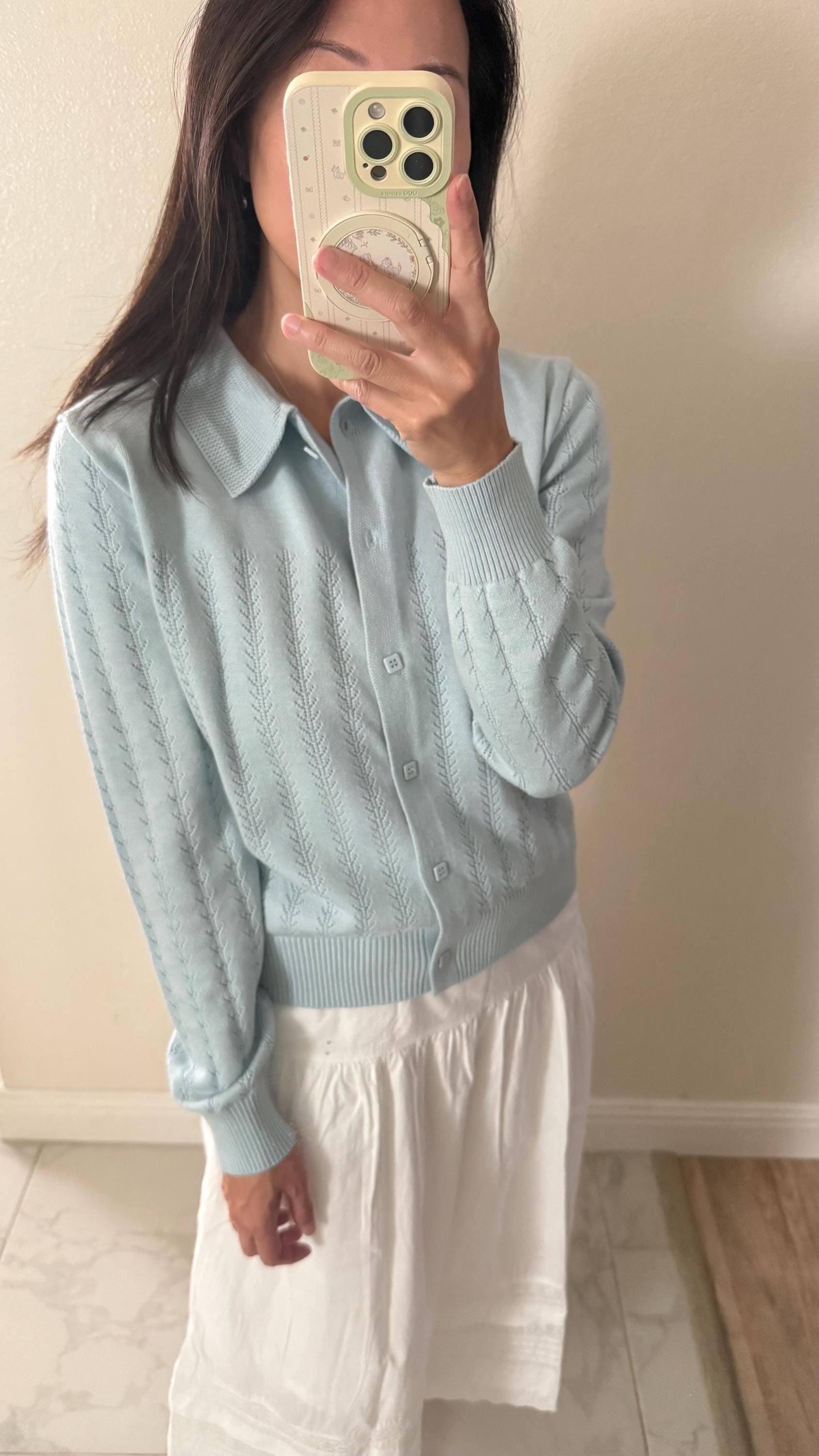 Knit Blue Polo Sweater. French Vintage Inspired Polo sweater. Floral boho sweater. Victorian boho sweater. Cottagecore style sweater