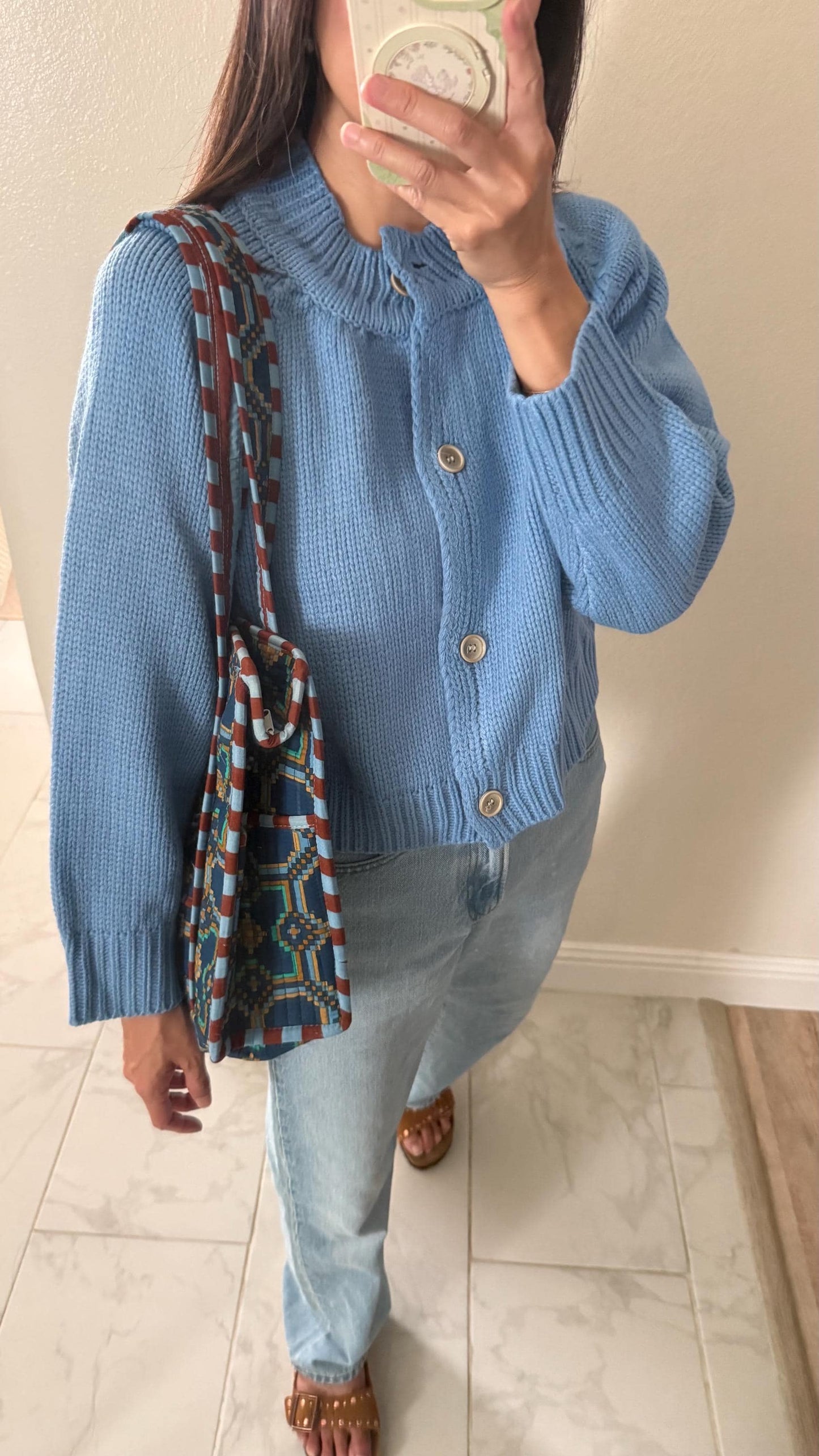 Knit Blue Cardigan Top Sweater. French Vintage Inspired cotton sweater. Floral boho sweater. Victorian boho sweater. Nantucket Maine style