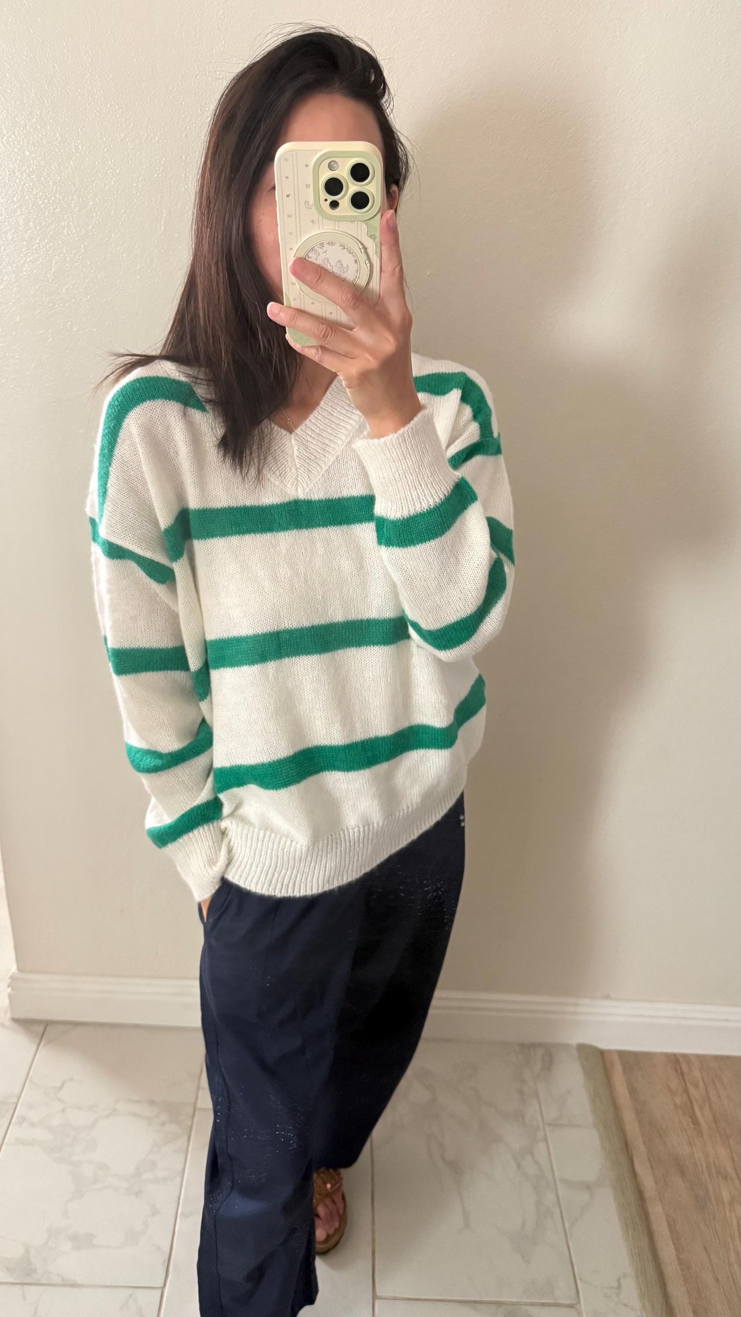 Green Stripes V Neck Sweater. French Vintage Inspired cotton sweater. Classic sweater. Victorian boho sweater. Nantucket Maine style