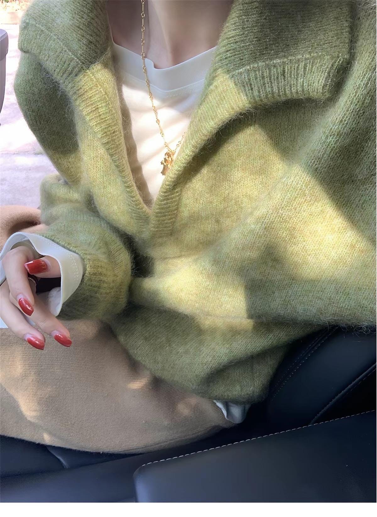 Avocado Matcha Chartreuse Sweater. French Vintage Inspired cotton sweater. V neck polo sweater. Victorian sweater. Nantucket Maine style