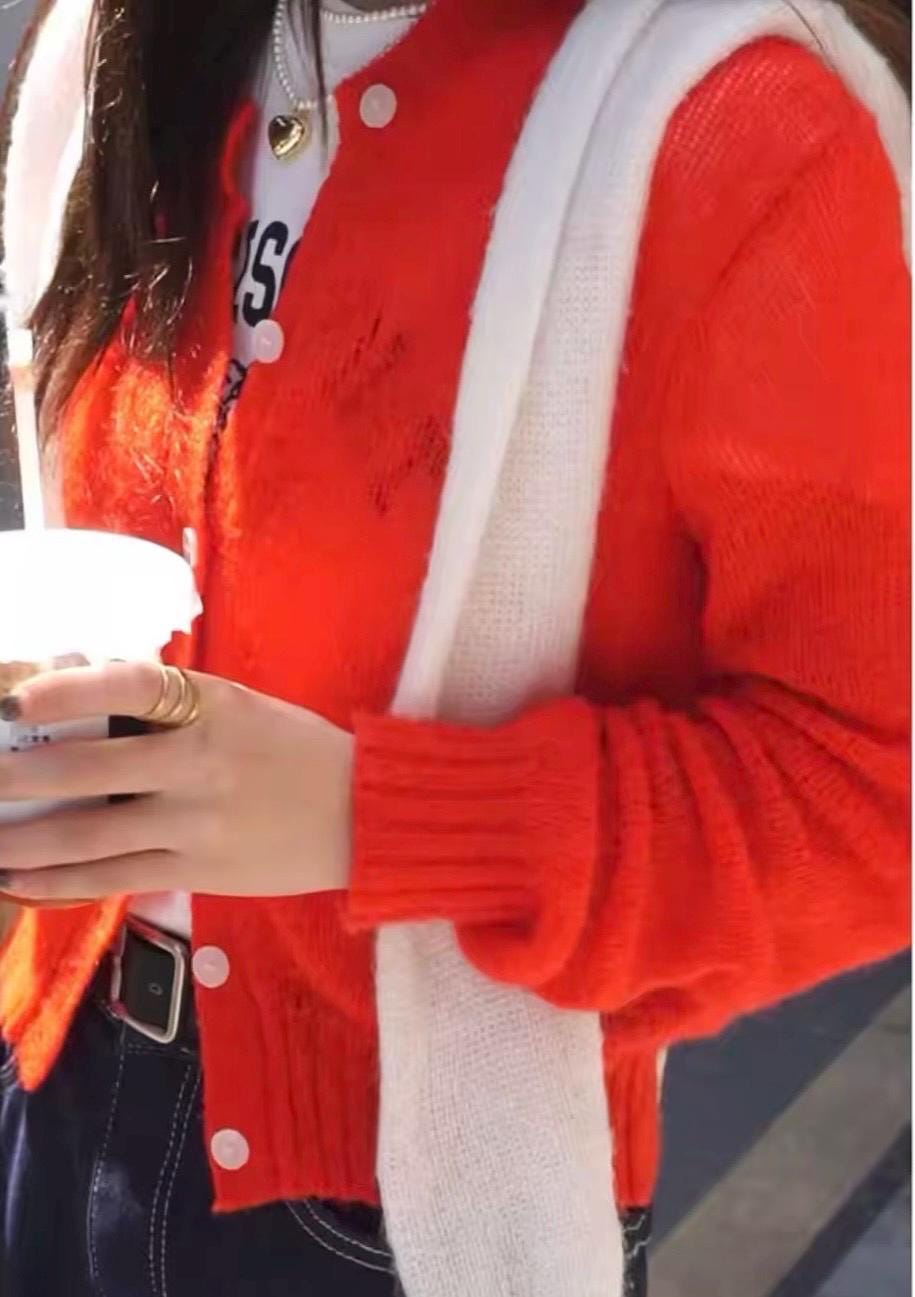 Knit Red Cardigan Top Cardigan. French Vintage Inspired cotton sweater. Victorian holiday sweater . Nantucket Maine style