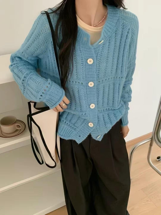 Blue knit wool cardigan .French Vintage Inspired Cardigan. Nantucket Maine Romantic cardigan. Frech Vintage Inspired style knit cardigan.
