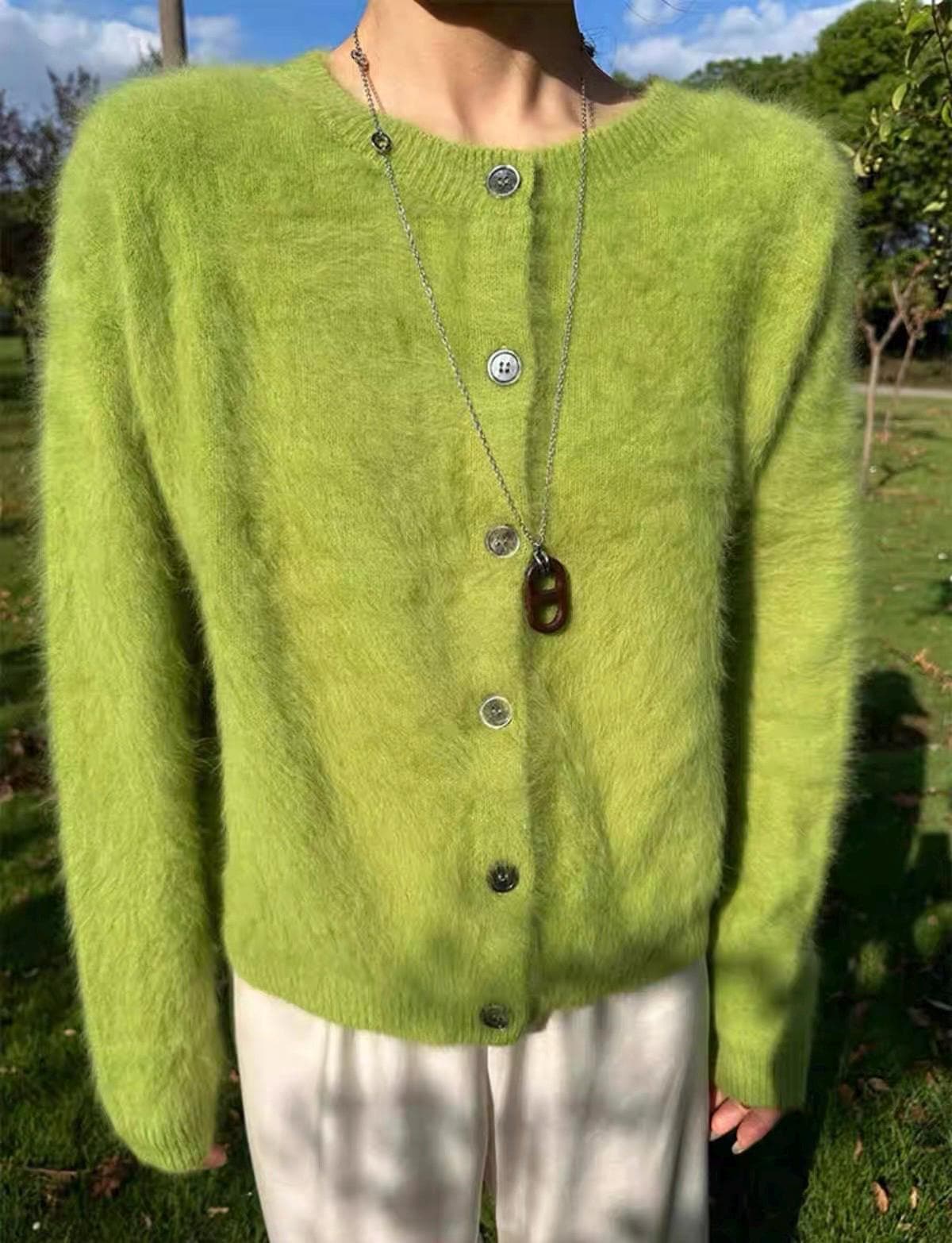 Avocado Matcha Cardigan Blouse. French Vintage Style Chartreuse color cardigan. Victorian Prairie style cardigan. Nantucket Maine style.
