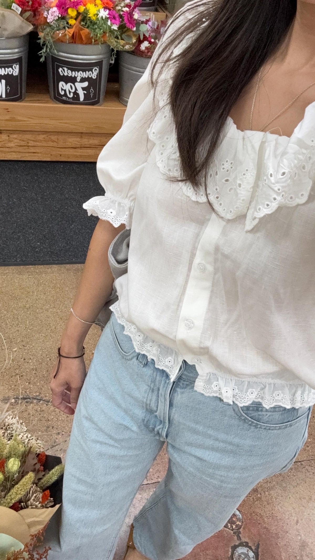 Casual cotton pintuck eyelet romantic top . Whimsical cottage core top. Bohemian cotton vest . Praire wind lace top. Embroidered top